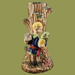 Vintage 1940s Gift Giver Child with Tree Majolica Ceramic Vase